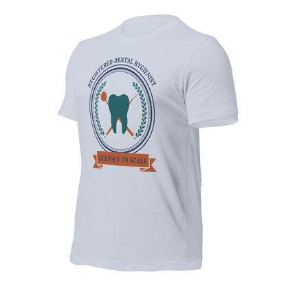 Licensed to Scale registered dental hygienist tee — Light Blue, front-right