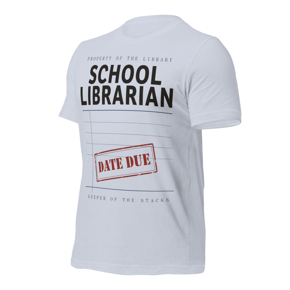 Property of the School Library card catalog school librarian tee — Light Blue, front-right