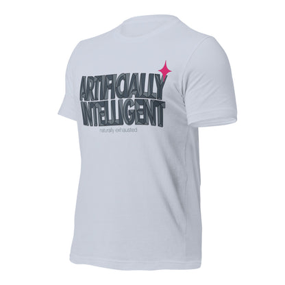 Artificially Intelligent funny AI t-shirt — Light Blue, front-right