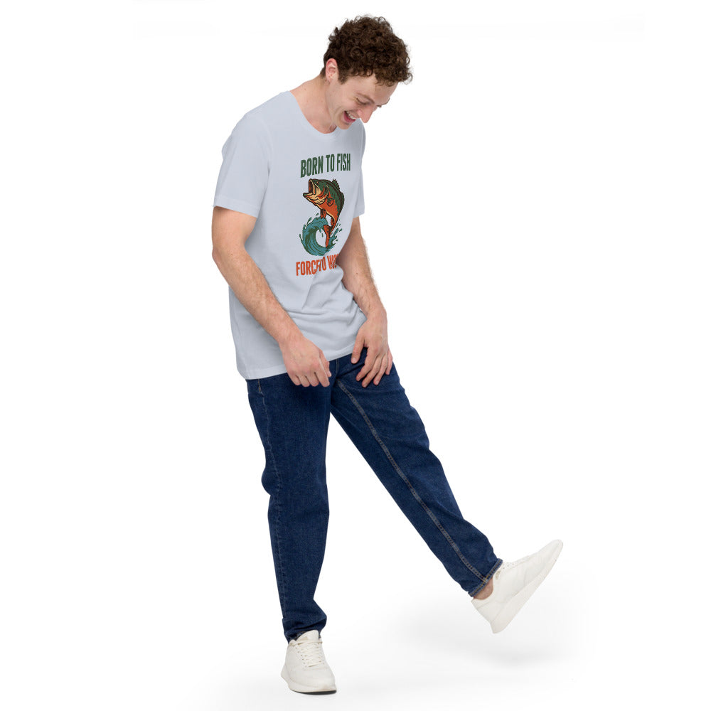 Born to Fish Forced to Work retro fishing humor tee — Light Blue, on model