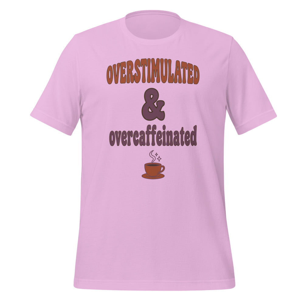Overstimulated & Overcaffeinated soft retro coffee mental health tee — Lilac, front
