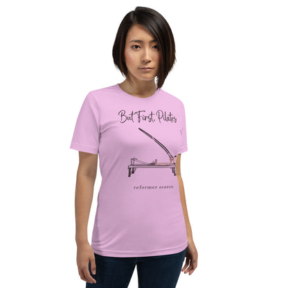 But First Pilates reformer line-art tee — Lilac, on model