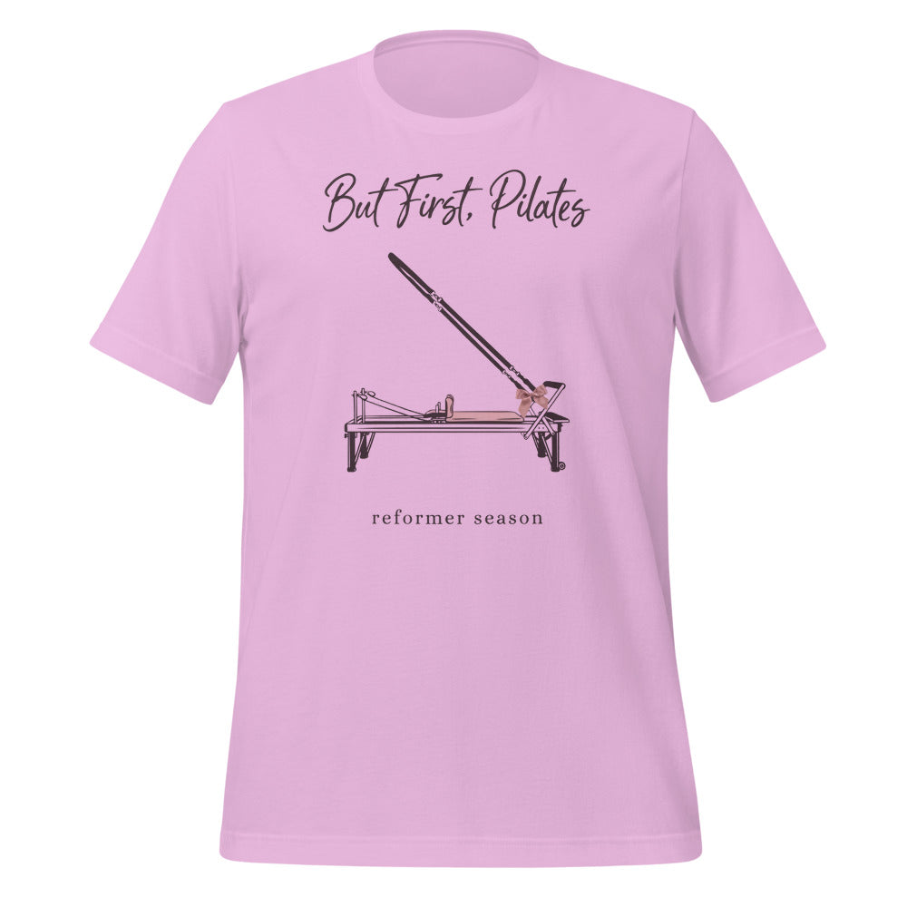 But First Pilates reformer line-art tee — Lilac, front