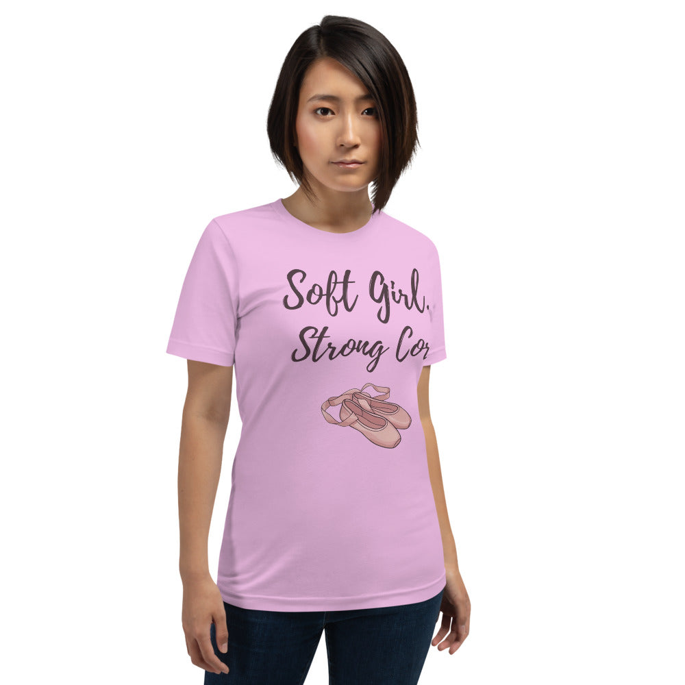Soft Girl Strong Core ballet coquette pilates tee — Lilac, on model