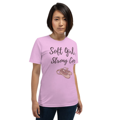 Soft Girl Strong Core ballet coquette pilates tee — Lilac, on model