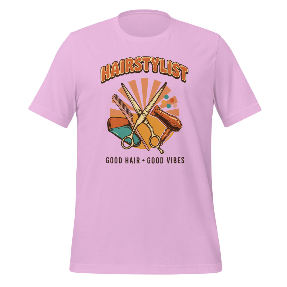 Retro Salon Hairstylist good hair good vibes tee — Lilac, front