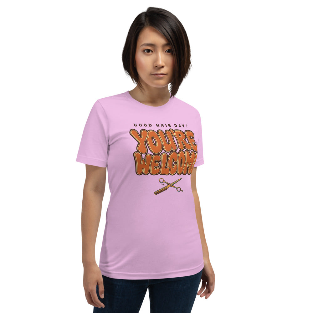 Funny hairstylist Good Hair Day You're Welcome tee — Lilac, on model