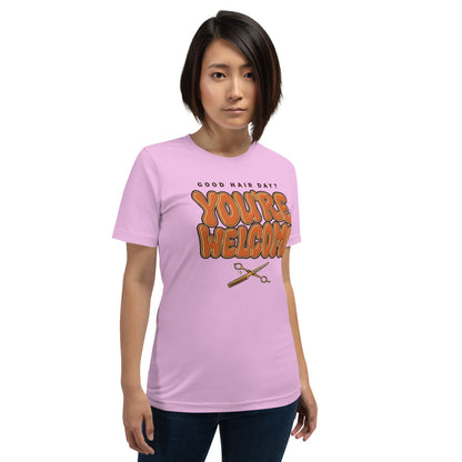 Funny hairstylist Good Hair Day You're Welcome tee — Lilac, on model