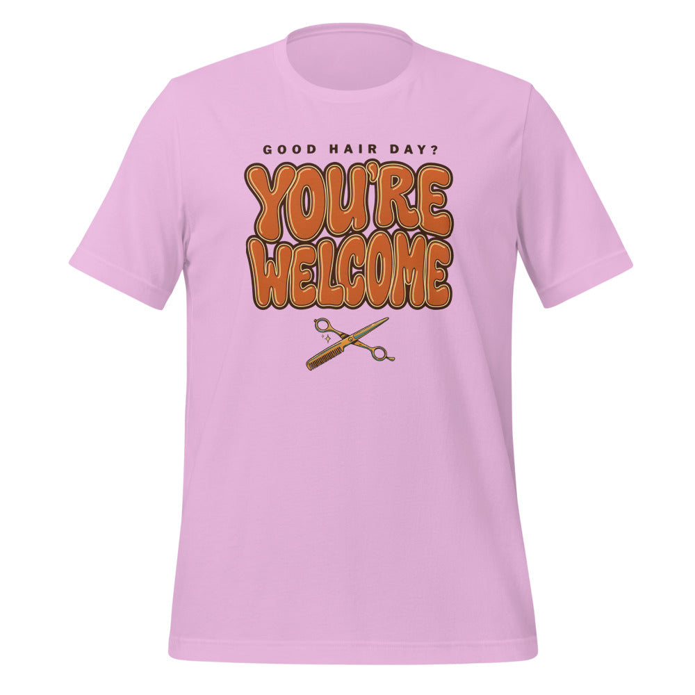 Funny hairstylist Good Hair Day You're Welcome tee — Lilac, front