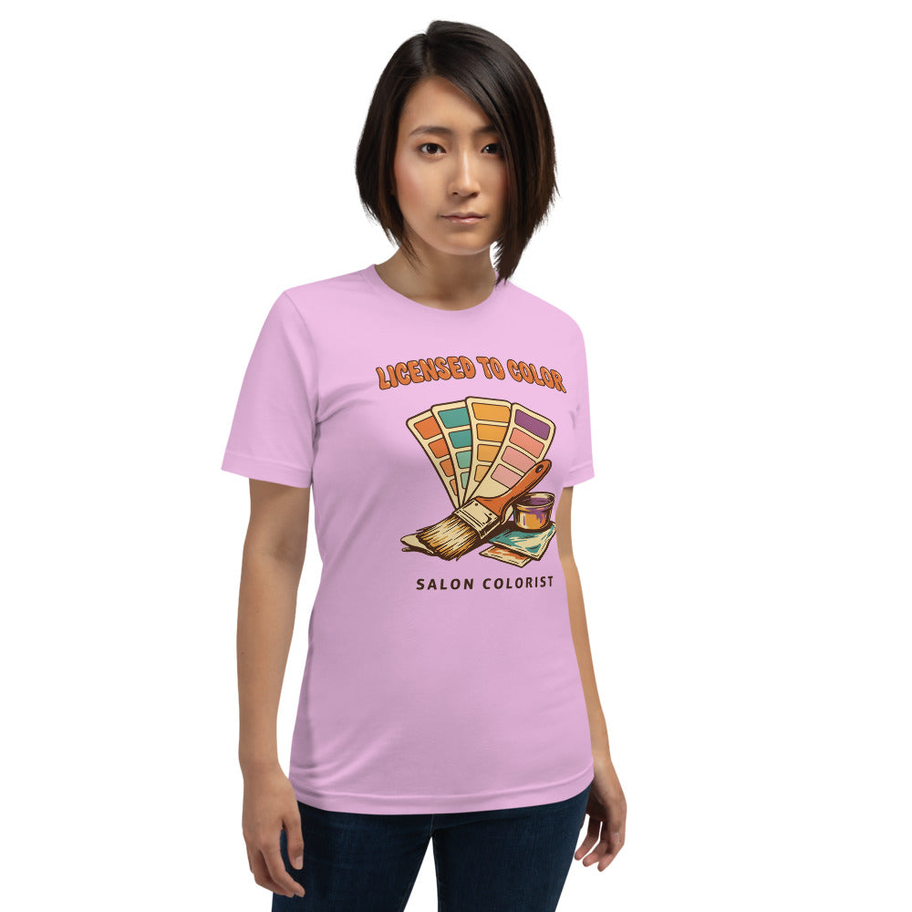 Salon colorist Licensed to Color retro tee — Lilac, on model