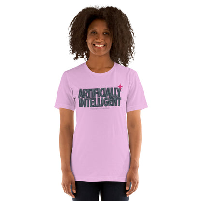 Artificially Intelligent funny AI t-shirt — Lilac, on model