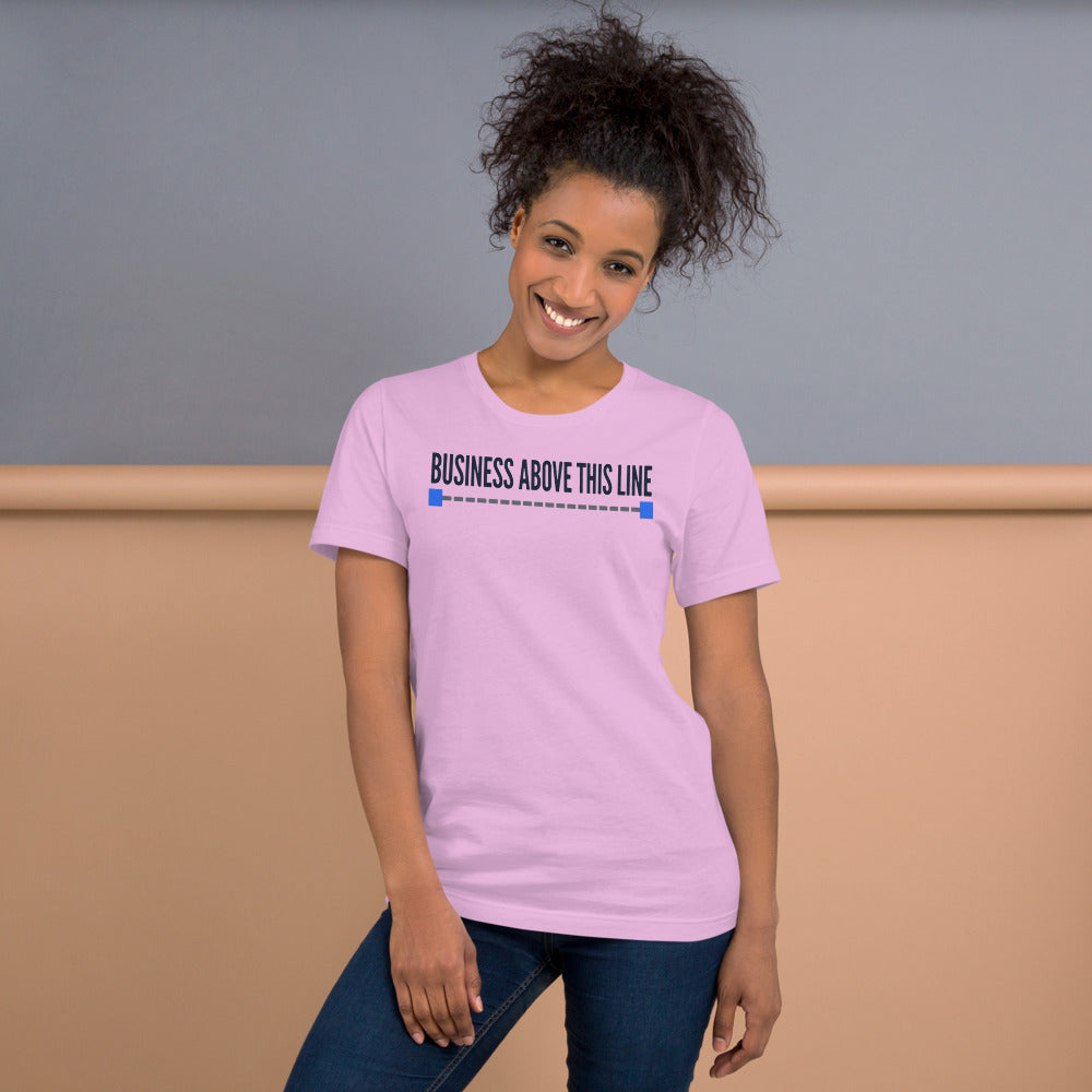 Business Above This Line unisex t-shirt — Lilac, on model