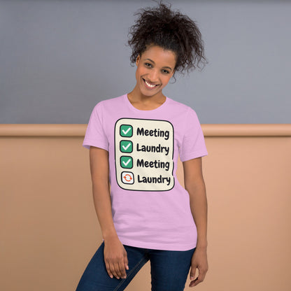 Meeting Laundry funny work from home unisex t-shirt — Lilac, on model