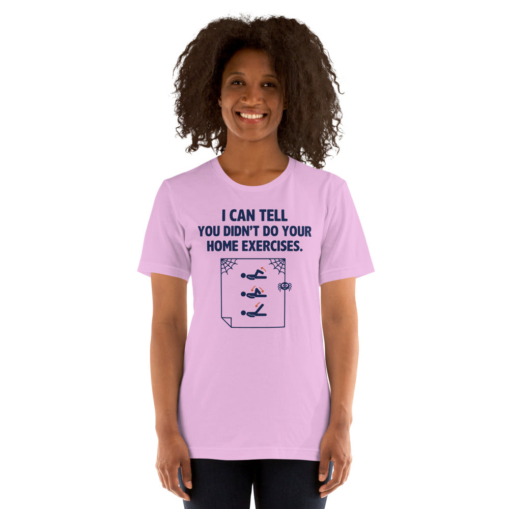 Home Exercises funny physical therapy tee — Lilac, on model