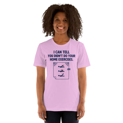 Home Exercises funny physical therapy tee — Lilac, on model