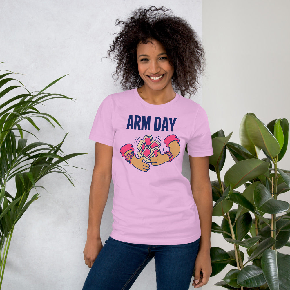 Arm Day funny mahjong tee — Lilac, on model