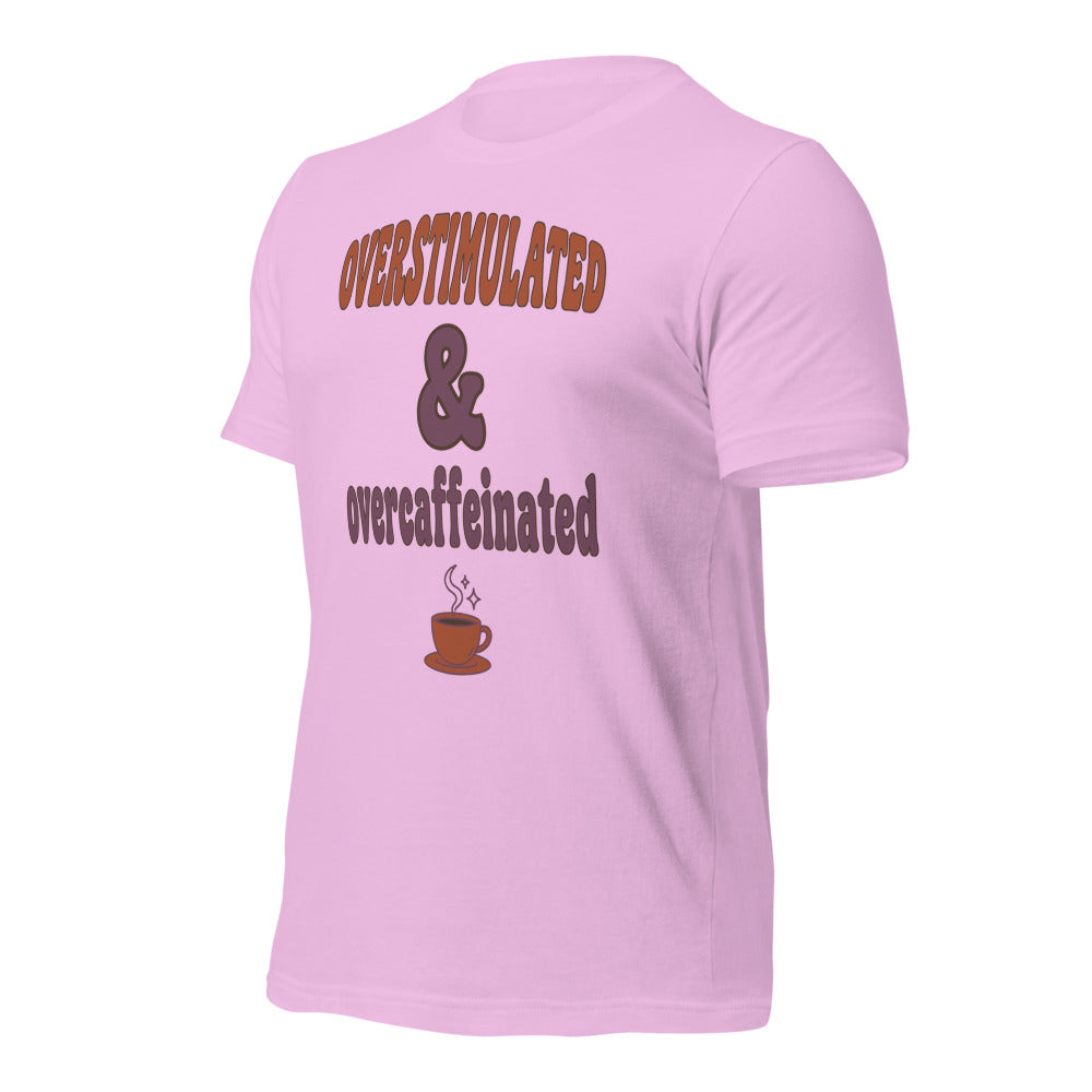 Overstimulated & Overcaffeinated soft retro coffee mental health tee — Lilac, front-right