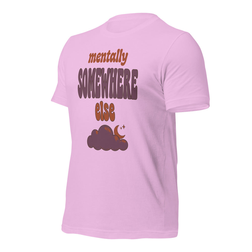 Mentally Somewhere Else soft retro daydream mental health tee — Lilac, front-right