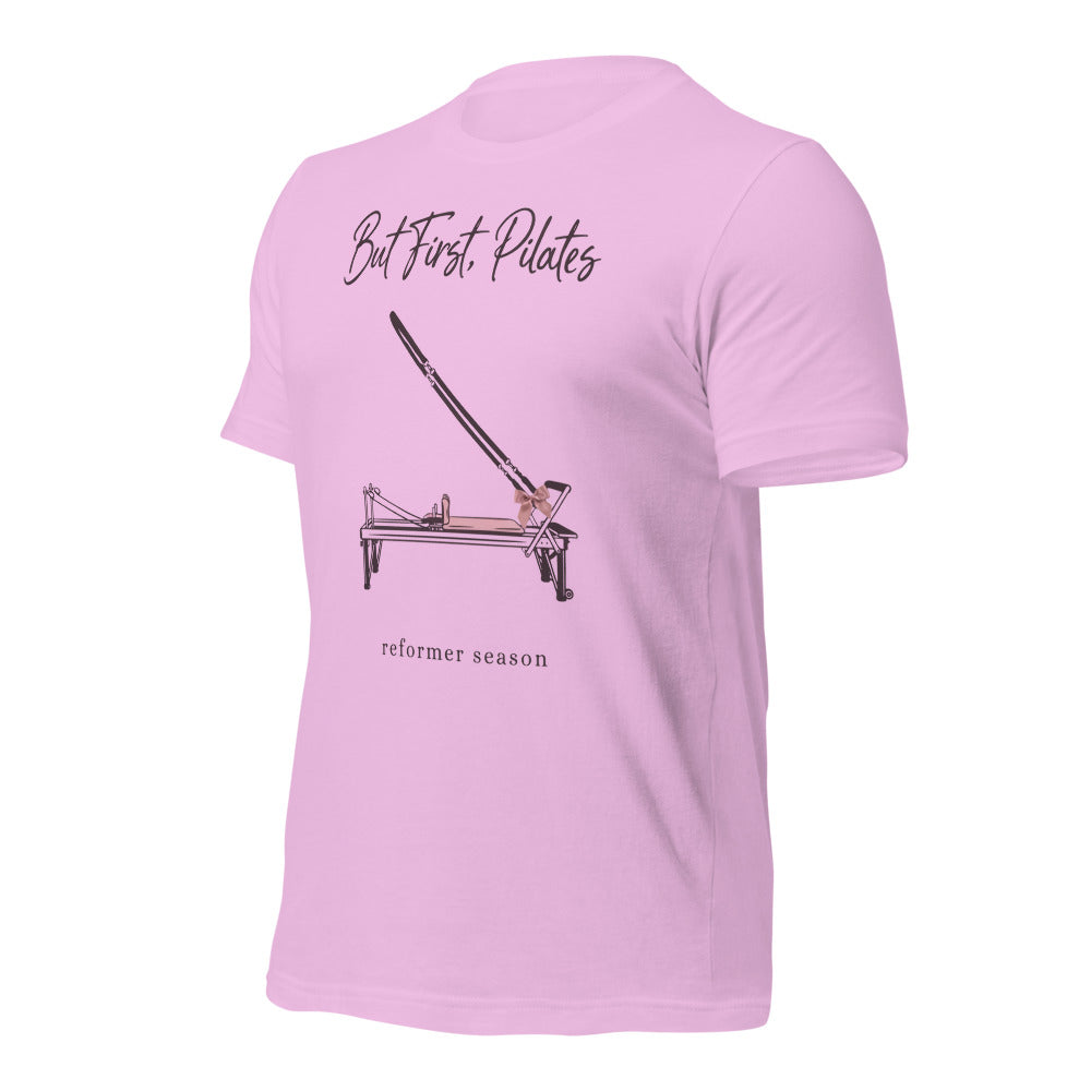 But First Pilates reformer line-art tee — Lilac, front-right
