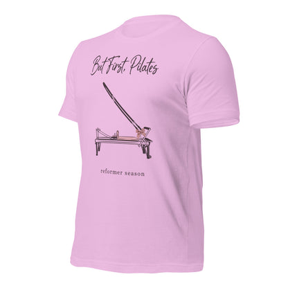 But First Pilates reformer line-art tee — Lilac, front-right
