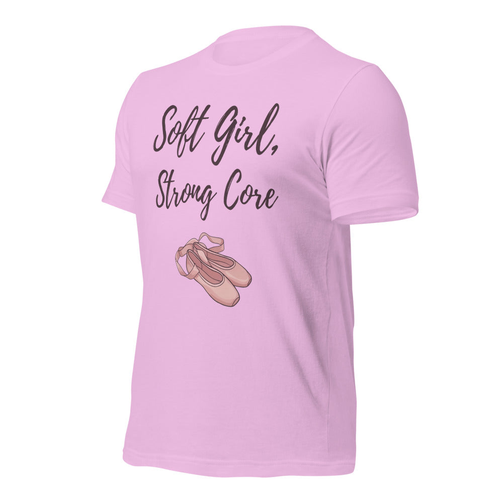 Soft Girl Strong Core ballet coquette pilates tee — Lilac, front-right