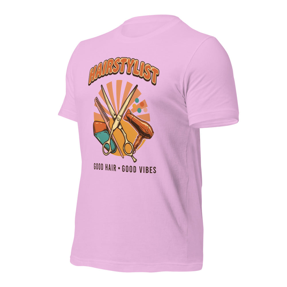Retro Salon Hairstylist good hair good vibes tee — Lilac, front-right