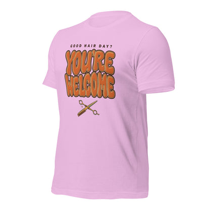 Funny hairstylist Good Hair Day You're Welcome tee — Lilac, front-right
