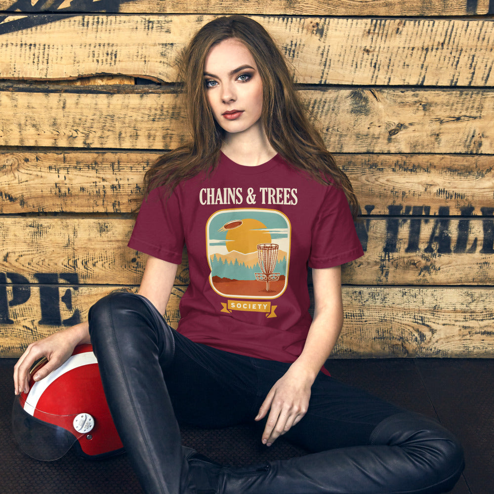 Chains & Trees Society disc golf retro landscape tee — Maroon, model