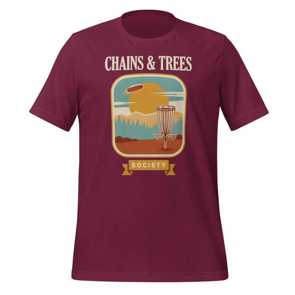 Chains & Trees Society disc golf retro landscape tee — Maroon, front