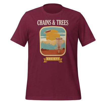 Chains & Trees Society disc golf retro landscape tee — Maroon, front