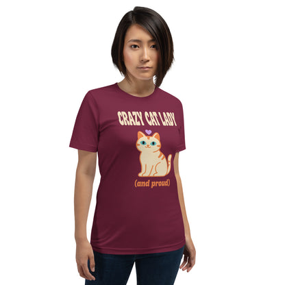 Crazy Cat Lady and Proud retro Y2K tee — Maroon, on model