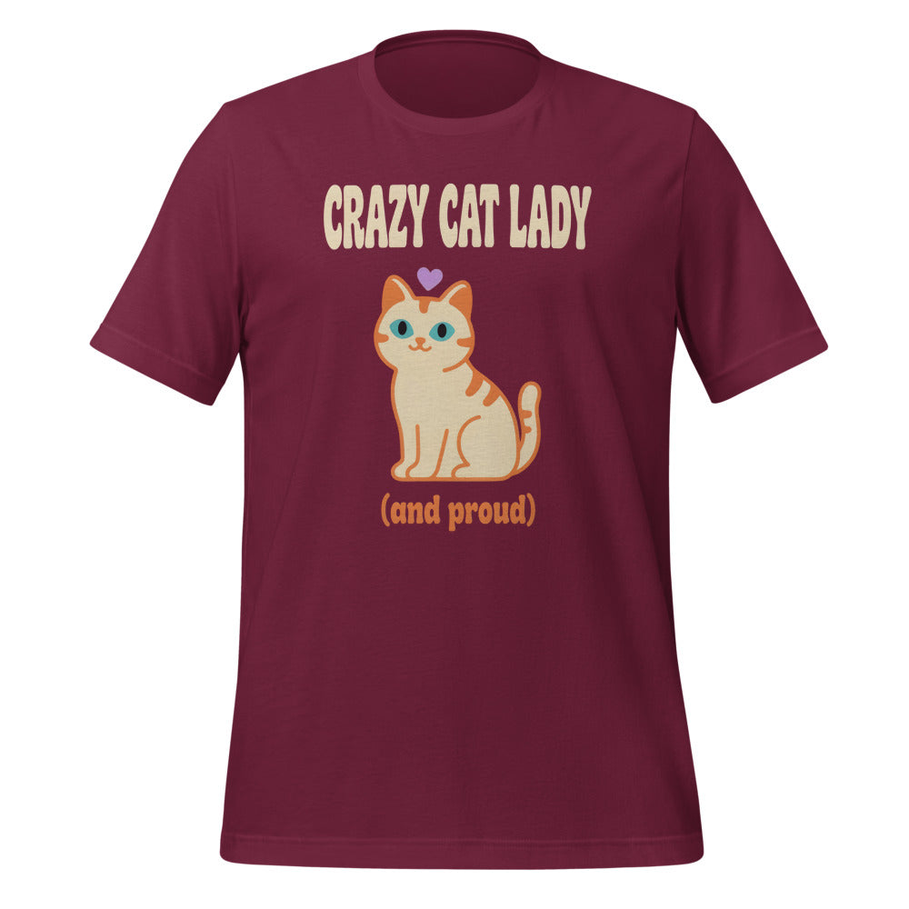 Crazy Cat Lady and Proud retro Y2K tee — Maroon, front