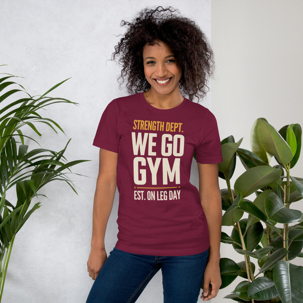 We Go Gym vintage athletic gym tee — Maroon, model