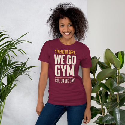 We Go Gym vintage athletic gym tee — Maroon, model