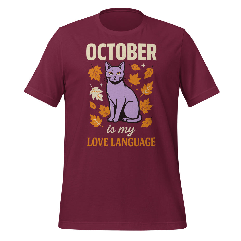 October Is My Love Language retro Halloween black cat tee — Maroon, front