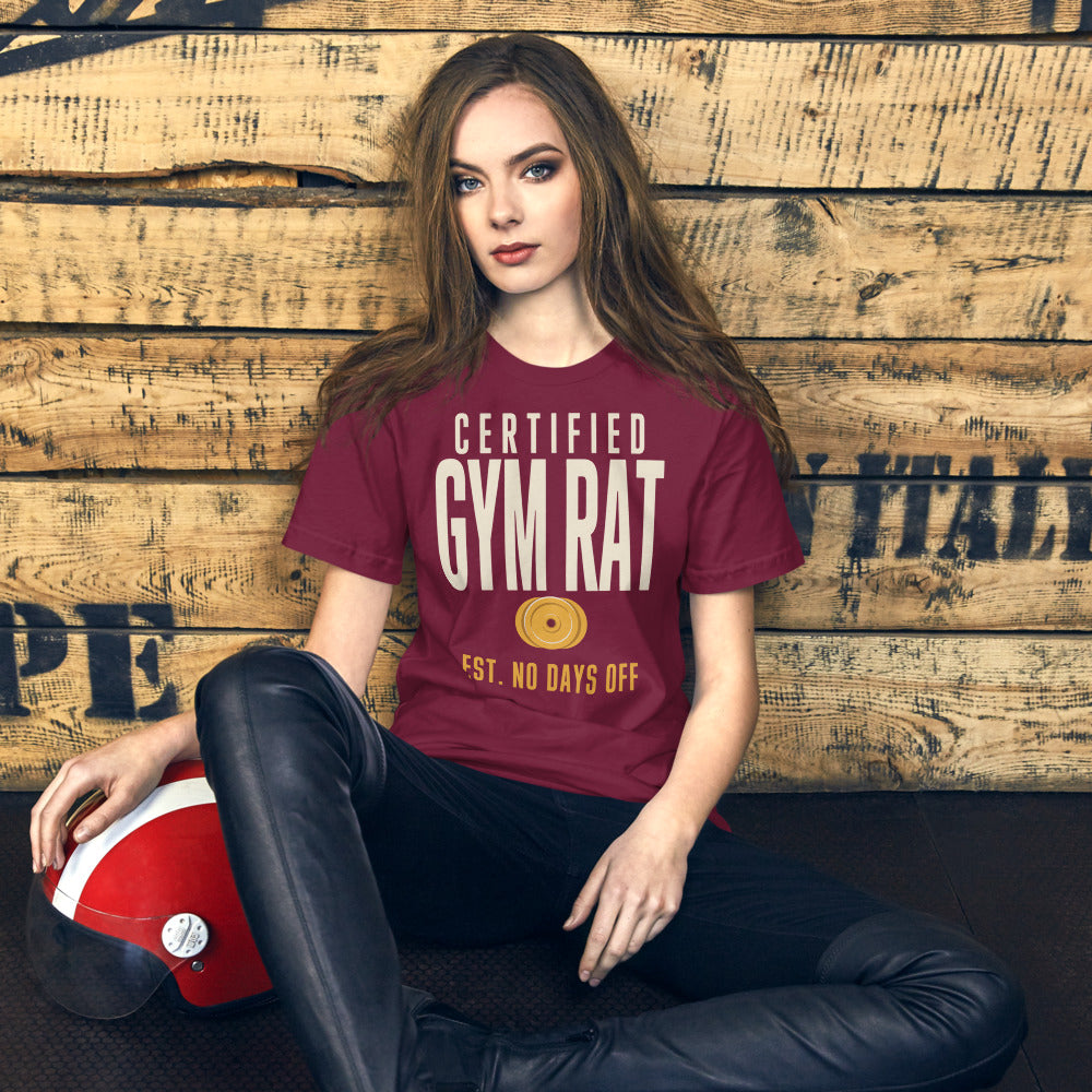 Certified Gym Rat vintage athletic tee — Maroon, on model