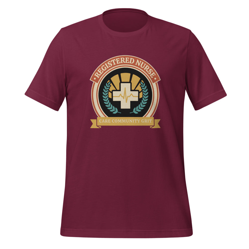 Registered Nurse vintage healthcare emblem badge tee — Maroon, front