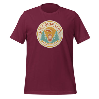 Disc Golf Club retro badge tee — Maroon, front