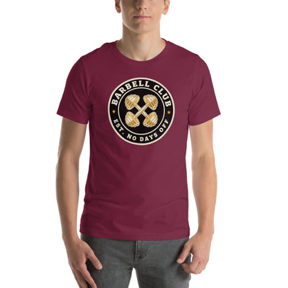 Barbell Club No Days Off vintage gym tee — Maroon, on model