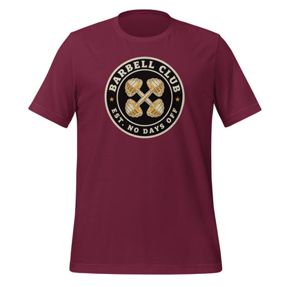 Barbell Club No Days Off vintage gym tee — Maroon, front