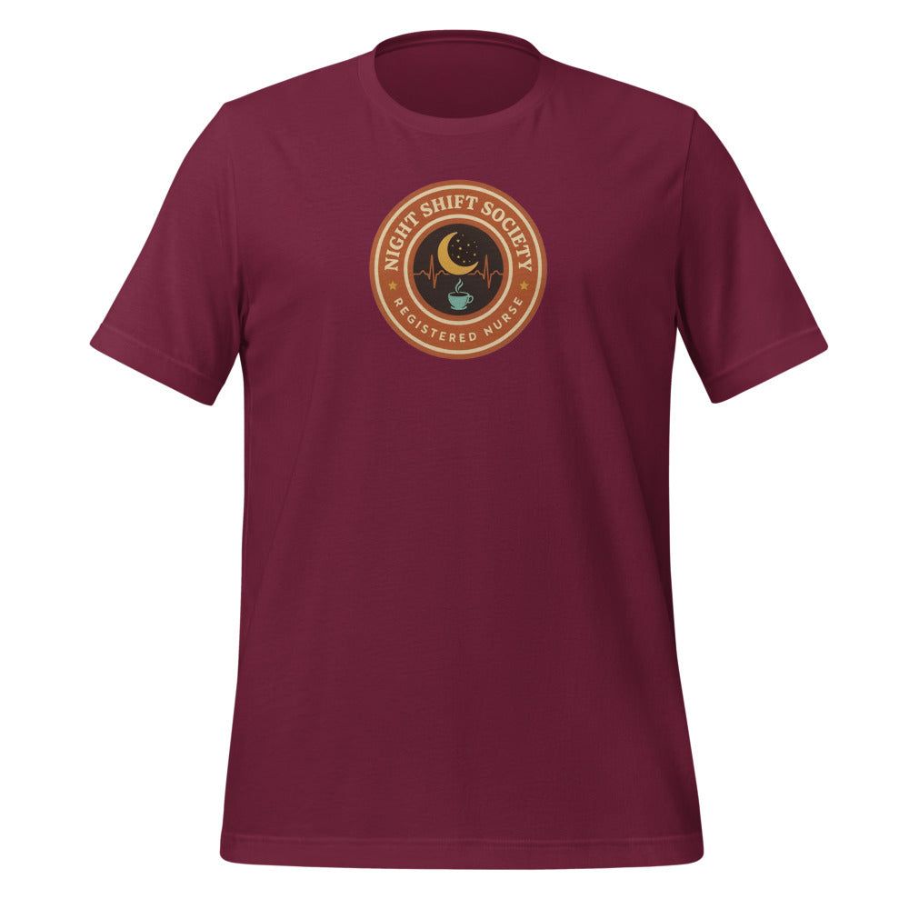 Night Shift Society retro registered nurse badge tee — Maroon, front