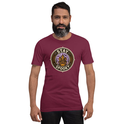 Stay Spooky retro Halloween vintage badge tee — Maroon, on model