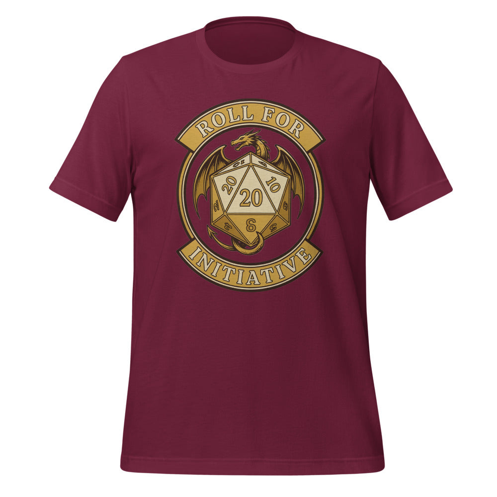 Roll For Initiative d20 dragon tabletop RPG tee — Maroon, front
