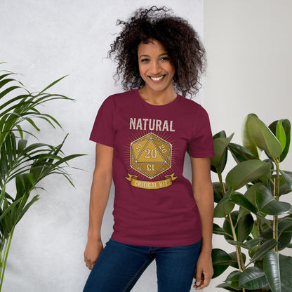 Natural 20 critical hit d20 tabletop RPG tee — Maroon, on model