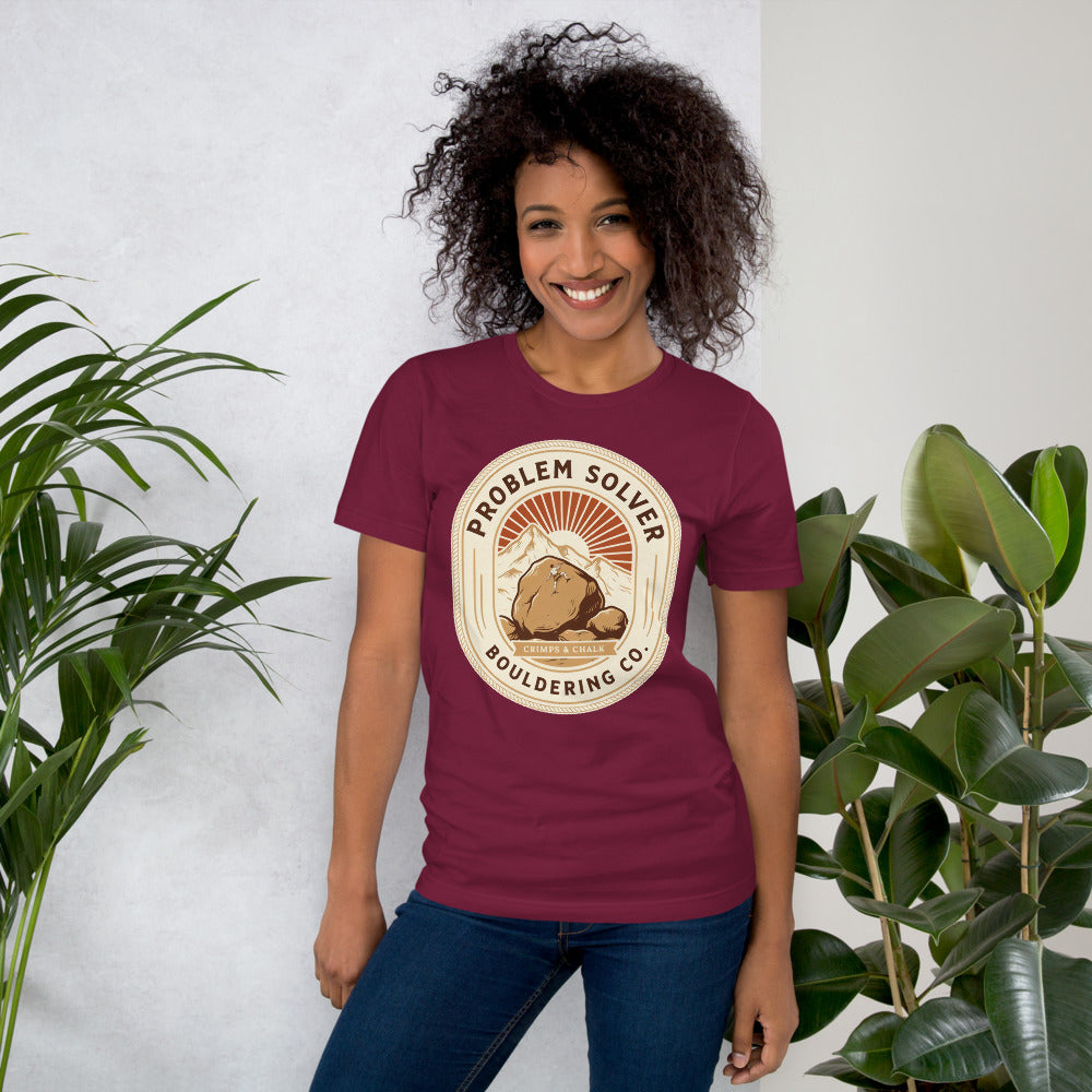 Problem Solver Bouldering Badge t-shirt — Maroon, on model