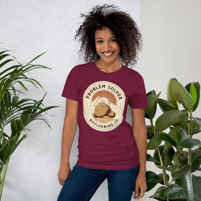 Problem Solver Bouldering Badge t-shirt — Maroon, on model