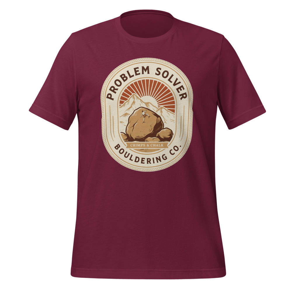 Problem Solver Bouldering Badge t-shirt — Maroon, front