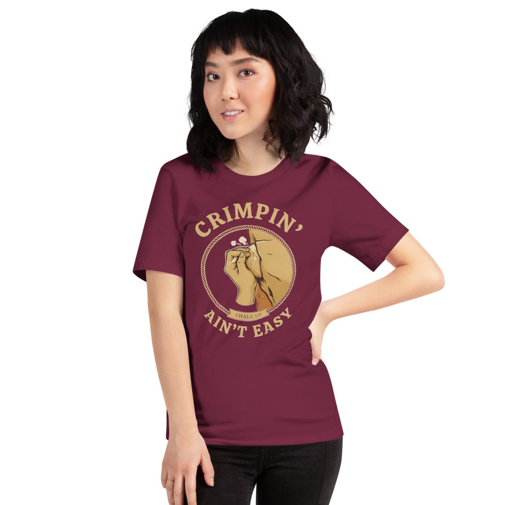 Crimpin' Ain't Easy bouldering badge t-shirt — Maroon, on model