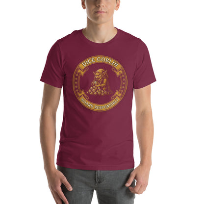 Dice Goblin Hoard Responsibly tabletop RPG tee — Maroon, on model