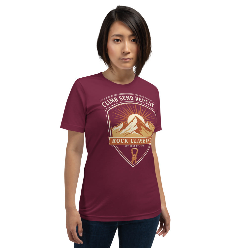 Climb Send Repeat mountaineering crest t-shirt — Maroon, on model